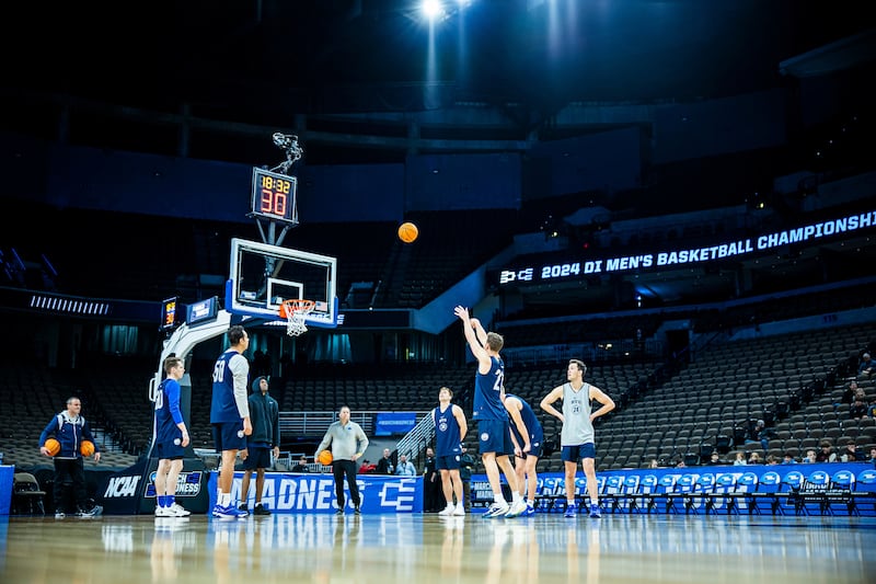 BYU players practice at CHI Health Center Arena on Wednesday, March 20, 2024, in Omaha, Neb. The Cougars will face the Duquesne Dukes in the first round of the NCAA Tournament Thursday, March 21, 2024.