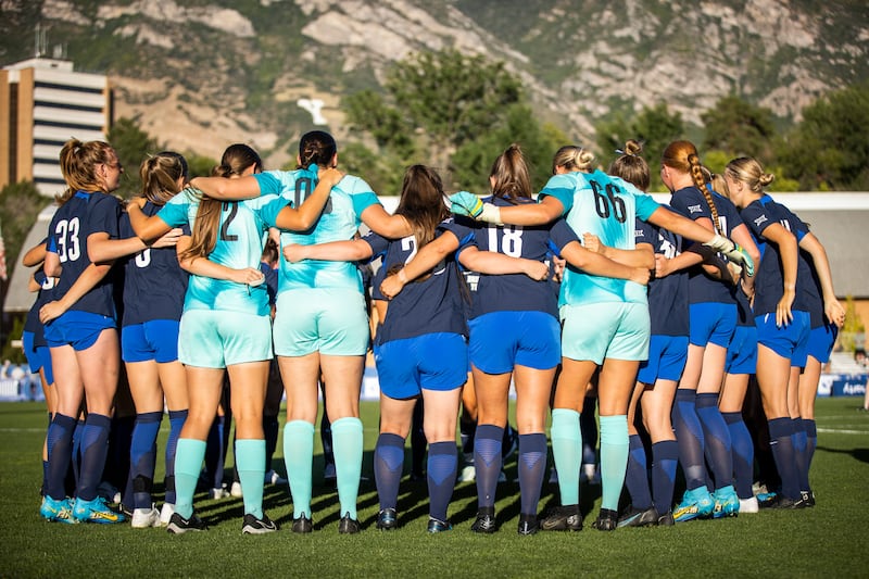 The BYU women’s soccer team huddles as it faces Idaho State on Aug. 12, 2023 in Provo, Utah. The 7th-ranked Cougars beat the top-ranked UCLA Bruins on Thursday night.