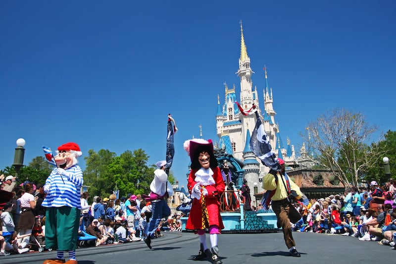 Many Disney cartoon characters march in a parade, greeting visitors at Magic Kingdom at Walt Disney World in Orlando, Florida on March 26, 2008.