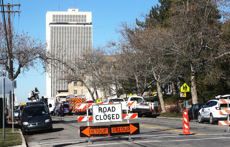 A “Road Closed” sign is pictured at the scene of a gas leak that caused evacuations at A Street and First Avenue in Salt Lake City on Tuesday, March 19, 2019.