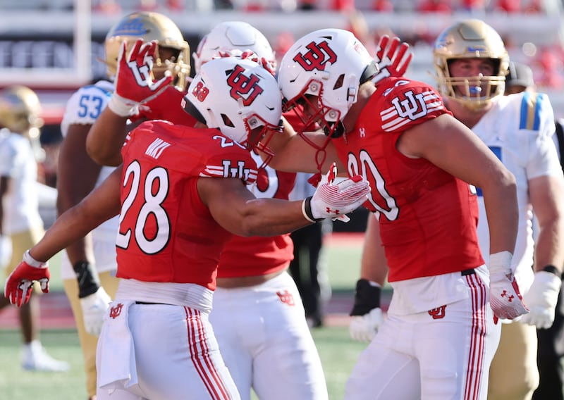 Utah Utes safety Sione Vaki (28) celebrates his sack on UCLA in Salt Lake City on Sept. 23, 2023. Utah won 14-7.