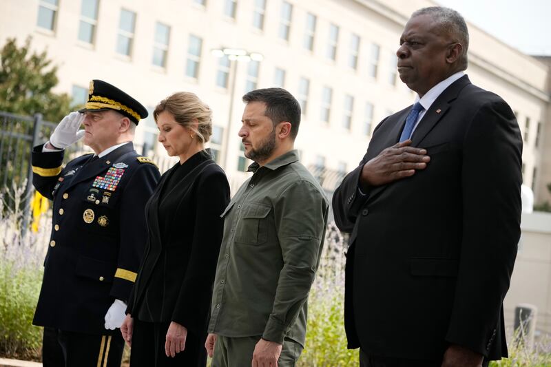 Chairman of the Joint Chiefs Gen. Mark Milley, first lady of Ukraine Olena Zelenska, Ukrainian President Volodymyr Zelenskyy and Secretary of Defense Lloyd Austin participate in a wreath-laying ceremony at the 9/11 Pentagon Memorial.