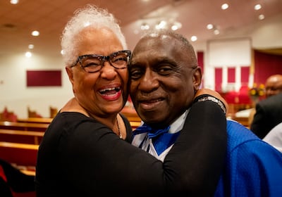Jayne Johnson, of Los Angelas and a former Calvary Baptist Church, member hugs the Rev. France Davis at the church in Salt Lake City on Sunday, April 28, 2019. After 45 years, the Rev. Davis will retire as pastor of Calvary Baptist Church at the end of th