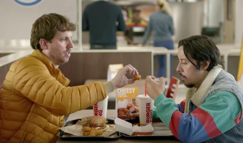 Jon Heder and Efren Ramirez enjoy some Cheesy Tots at lunch.