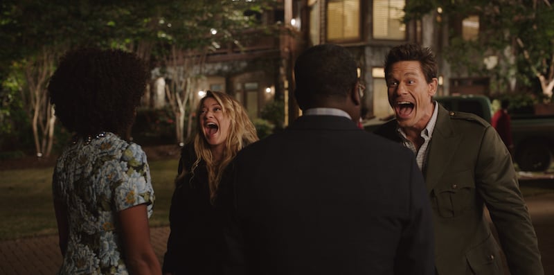 Yvonne Orji as Emily, Meredith Hagner as Kyla, Lil Rel Howery as Marcus and John Cena as Ron in “Vacation Friends.”