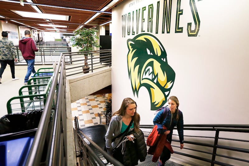 Utah Valley University students walk through the Sorensen Student Center on campus in Orem, Utah.