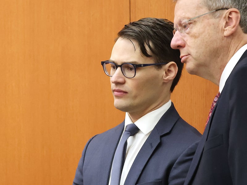Attorneys James Egan and Lawrence Bueller watch a ski simulation during the lawsuit trial of Terry Sanderson vs. Gwyneth Paltrow in Park City on March 28, 2023.