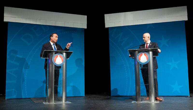 Sen. Mike Lee, R-Utah, and Evan McMullin debate at Utah Valley University in Orem.