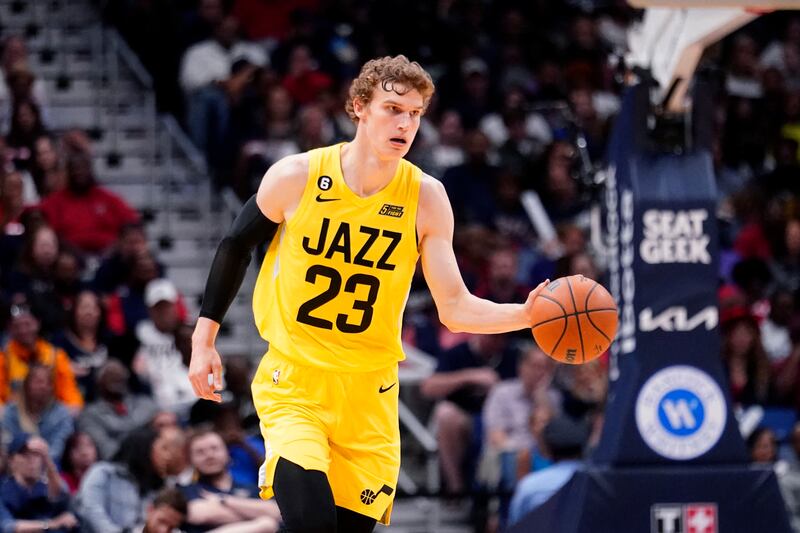 Utah Jazz forward Lauri Markkanen (23) moves the ball down court in the second half of an NBA basketball game against the New Orleans Pelicans.