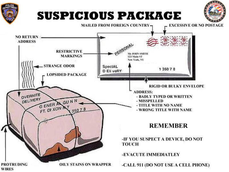 In this undated graphic released by the New York City Police Department, an example of what a typical suspicious package, that may actually contain a dangerous device, might look like. The graphic points out examples of stains, misspellings, irregular sha