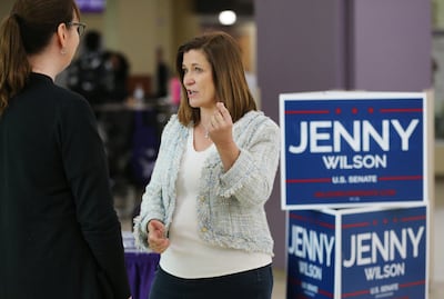 U.S. Senate candidate Jenny Wilson talks with students at Weber State University in Ogden on Wednesday, Oct. 3, 2018.