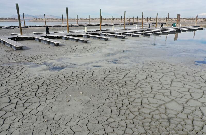 The waters of the Great Salt Lake barely reach the marina on Antelope Island.