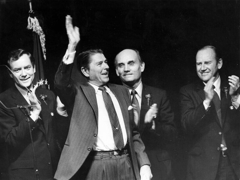 Sen.Orrin Hatch, R-Utah, left, President Ronald Reagan, Sen. Jake Garn, R-Utah, and Rep. Jim Hansen, U-Utah, are pictured in Salt Lake City in October 1980.