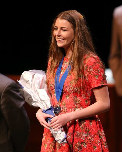 Natalie Tonks of Lone Peak High School wins the Social Science Sterling Scholar award at the 56th annual Deseret News-KSL Sterling Scholar finals in Salt Lake City on Tuesday, March 13, 2018. Tonks is now majoring in international relations at Brigham You