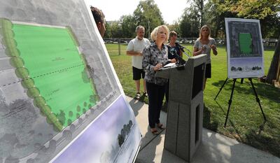 Salt Lake City Mayor Jackie Biskupski speaks at Pioneer Park in Salt Lake City on Wednesday, Aug. 1, 2018. The city will install a large lawn in the south-central portion of the park that will include a surrounding walkway, sports field and sports lightin