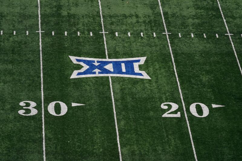 The Big 12 Conference logo is seen on the field in Lawrence, Kansas, Saturday, Nov. 5, 2022.