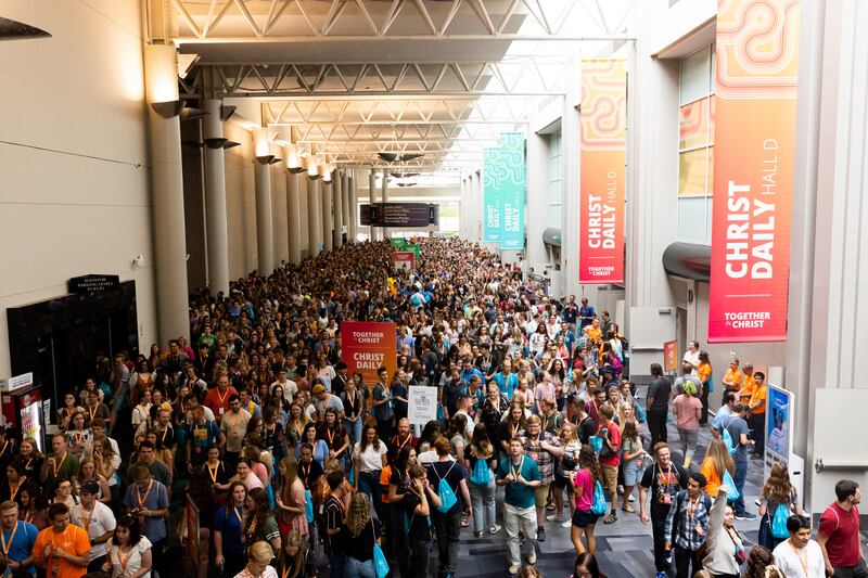 Participants in the Gather Together Conference, part of the Utah Area YSA Conference, at the Salt Palace Convention Center on Aug. 19, 2023.