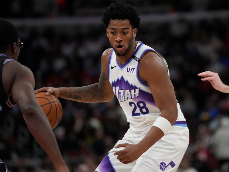 Utah Jazz forward Brice Sensabaugh (28) handles the ball during a game against the Chicago Bulls, Wednesday, Jan. 14, 2026, in Chicago.