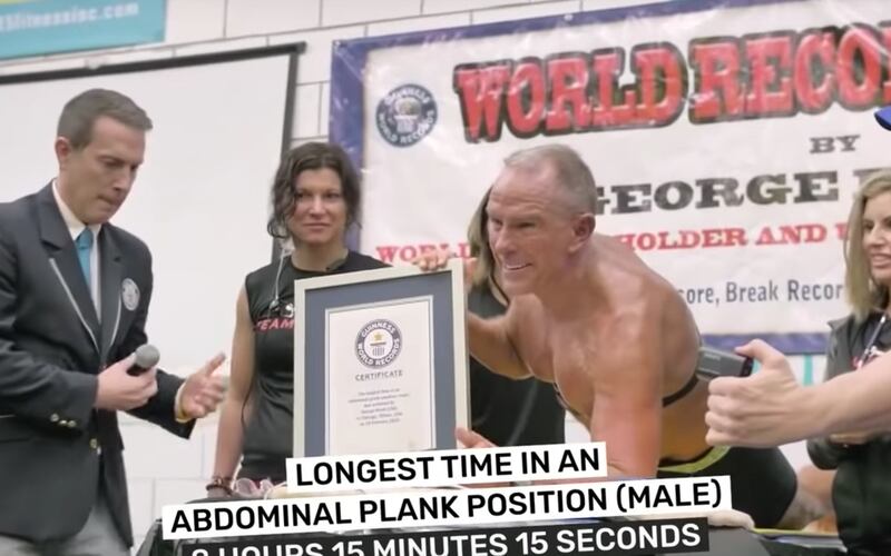 George Hood receives the official award acknowledging his over 8 hour abdominal plank on February 15, 2020.