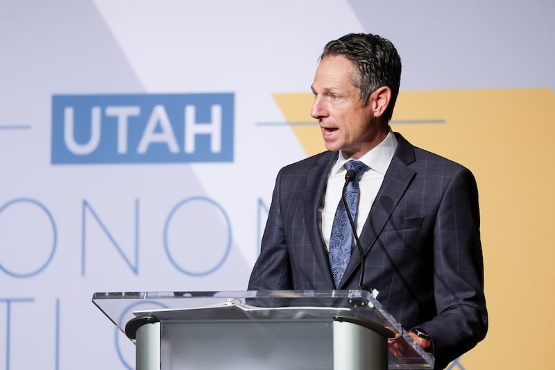 Derek Miller, president and CEO of the Salt Lake Chamber, speaks at the 2022 Utah Economic Outlook & Public Policy Summit on Jan. 13, 2022.