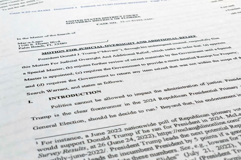 A court filing by lawyers for former President Donald Trump is photographed Monday, Aug. 22, 2022.