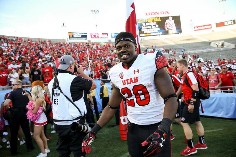 Utah Utes running back Joe Williams (28) celebrates his team's 52-45 victory over the UCLA Bruins in a game at the Rose Bowl in Pasadena, Calif. on Saturday, Oct. 22, 2016.