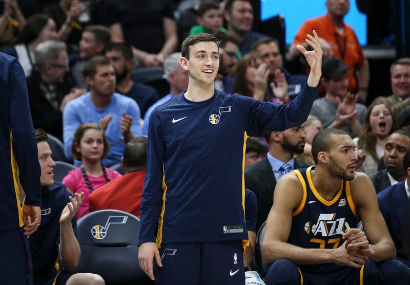 The Utah Jazz's David Stockton watches the game against the Atlanta Hawks at Vivint Smart Home Arena in Salt Lake City on Tuesday, March 20, 2018.