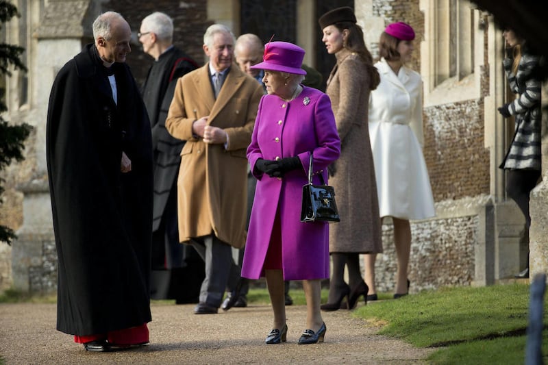 Britain’s Queen Elizabeth II, center, her son Prince Charles, center left, and Kate Duchess of Cambridge, center right, leave after attending the British royal family’s traditional Christmas Day church service at St. Mary Magdalene Church in Sandringham,