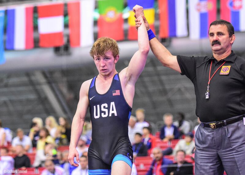Utah Valley University redshirt sophomore Taylor LaMont gets his arm raised in victory after competing at the 2017 UWW Junior World Championships in Tampere, Finland. Over the weekend, LaMont earned a spot on the U.S. Men's Senior Greco-Roman National Tea