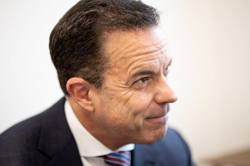 Utah House Speaker Brad Wilson, R-Kaysville, talks to reporters at his business office in Farmington on Thursday, April 13, 2023.