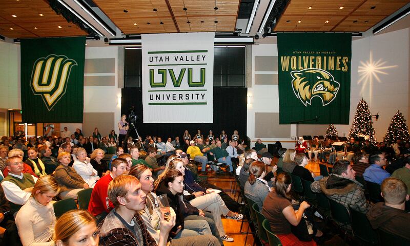 Banners of the new UVU logos hang from the ceiling at Utah Valley University in 2007.