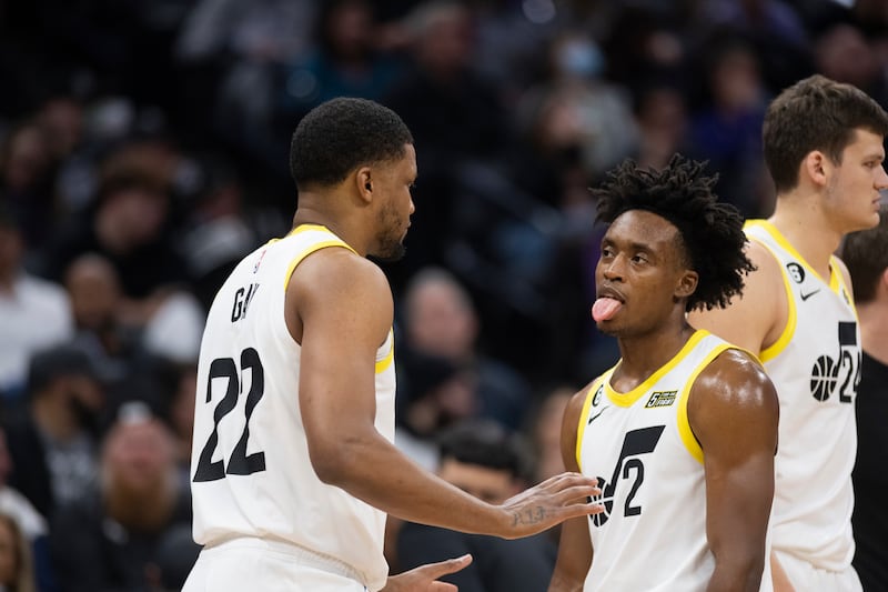 Utah Jazz forward Rudy Gay (22) and guard Collin Sexton (2) talk during a timeout in the first quarter in an NBA basketball game against the Sacramento Kings in Sacramento, Calif., Friday, Dec. 30, 2022. (AP Photo/José Luis Villegas)