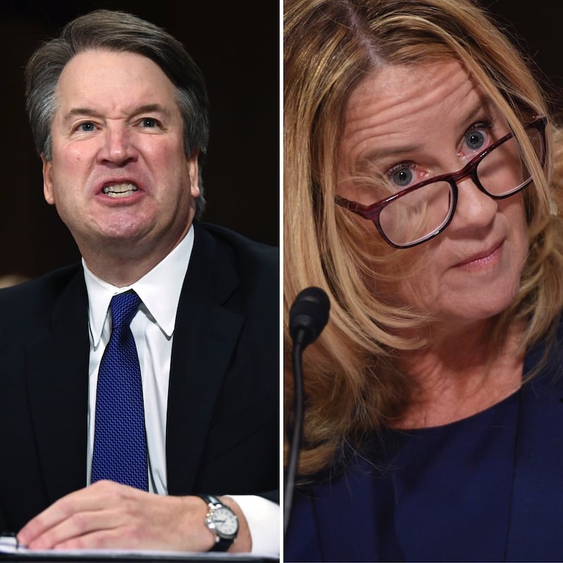 (LEFT) Supreme Court nominee Judge Brett Kavanaugh gives his opening statement before the Senate Judiciary Committee, Thursday, Sept. 27, 2018 on Capitol Hill in Washington. (RIGHT) Christine Blasey Ford testifies to the Senate Judiciary Committee on Capi