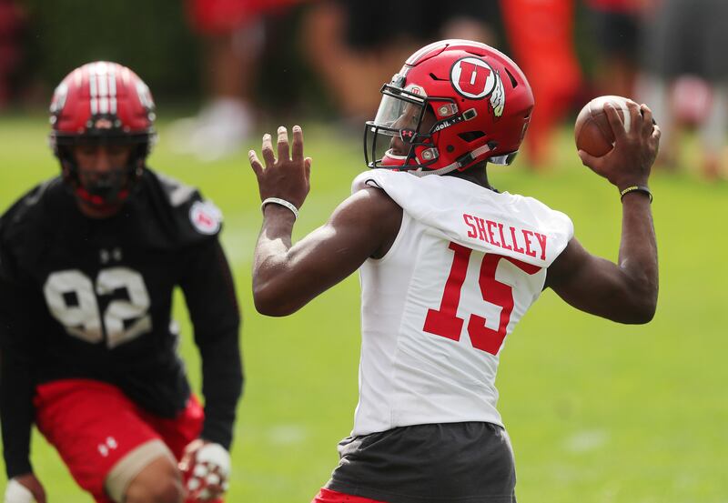 Utah quarterback Jason Shelley throws during practice in Salt Lake City on Thursday, Aug. 2, 2018.