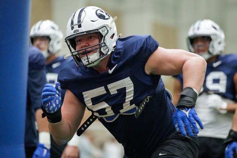 BYU defensive tackle Keanu Tanuvasa goes through drills March 13, 2025, during spring camp in Provo. The former Utah Utes standout transferred to BYU in the offseason.