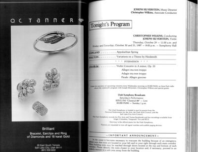 The first Finishing Touches open rehearsal took place Oct. 29, 1987, and featured violinist and Utah Symphony music director Joseph Silverstein performing the Dvorak Violin Concerto.