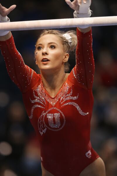 Utah's MyKayla Skinner competes on the bars against BYU at the Marriott Center in Provo on Friday, Jan. 11, 2019.