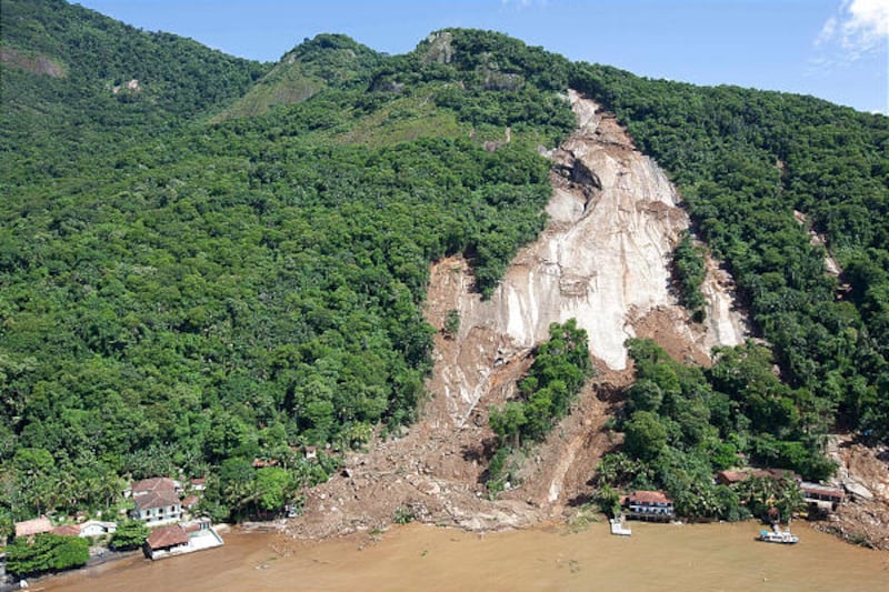 Mudslide scars a hillside in Ilha Grande, an island off the city of Angra dos Reis near Rio de Janeiro, Brazil.