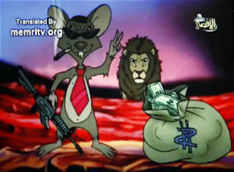 Having killed off its Mickey Mouse lookalike, Hamas' Al Aqsa Television is using a "Lion King" wannabe character. A sneaky rat, left, represents a leader of the Fatah movement.