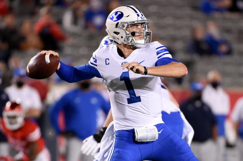 BYU quarterback Zach Wilson throws a pass during the first half of an NCAA college football game against Houston, Friday, Oct. 16, 2020, in Houston.