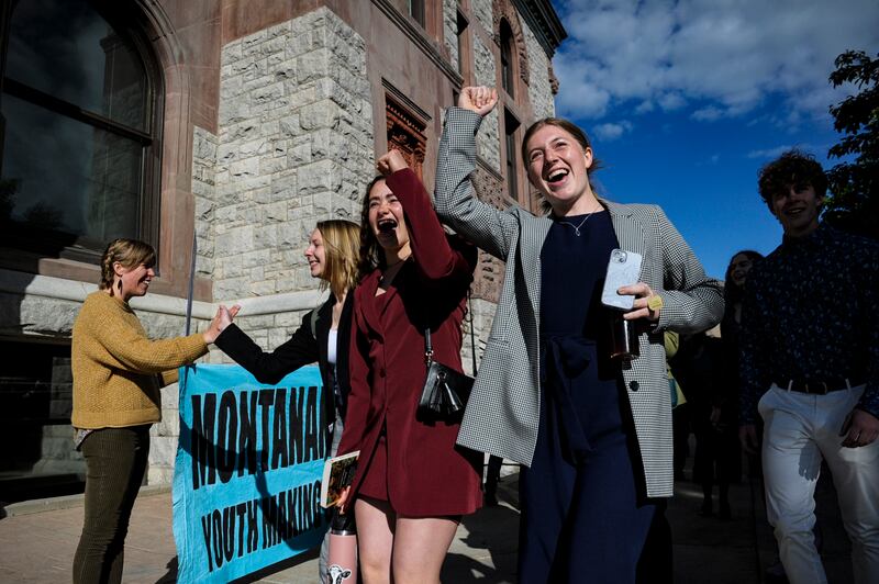 Youth plaintiffs in the climate change lawsuit, Held vs. Montana, arrive at the Lewis and Clark County Courthouse, on June 20, 2023, in Helena, Mont., for the final day of the trial. A Montana judge ruled in favor of young environmental activists, stating that fossil fuel development must consider climate change when considering fossil fuel projects.