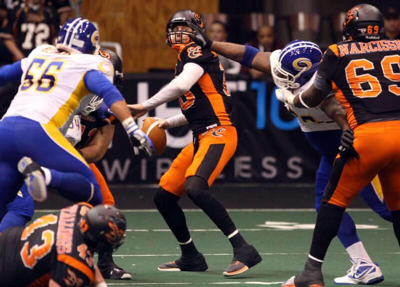 The Utah Blaze's Tommy Grady looks to make a pass during a football game against the Tampa Bay Storm at the Energy Solutions Arena in Salt Lake City on Saturday, April 6, 2013. On Saturday, Grady and the Blaze ended their 2013 season with a victory.