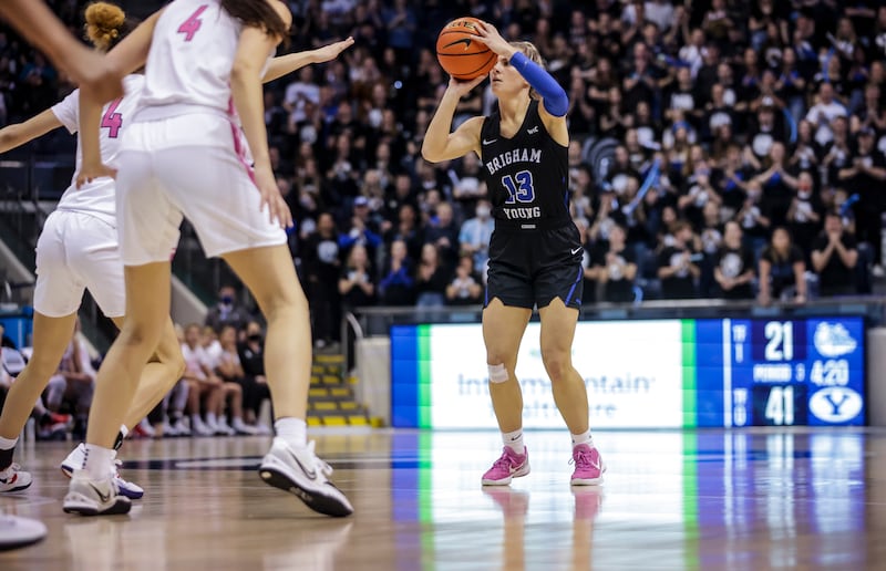 BYU Cougars guard Paisley Harding (13) shoots a 3-pointer during a game against Gonzaga Bulldogs at the Marriott Center in Provo on Saturday, Feb. 19, 2022.