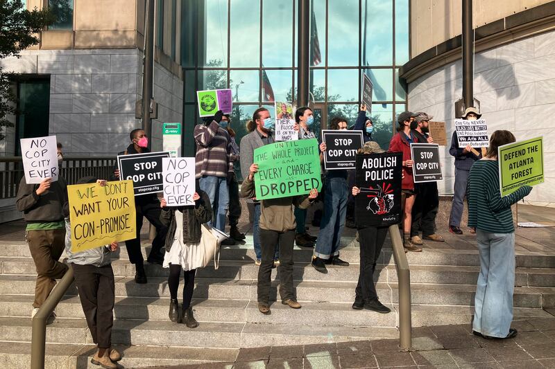 Demonstrators gather outside of Atlanta’s City Hall.