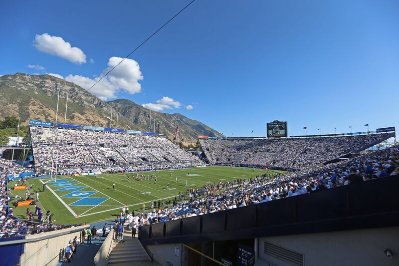 Fans watch the BYU-Washington college football game in LaVell Edwards Stadium on Sept. 21, 2019, in Provo, Utah.