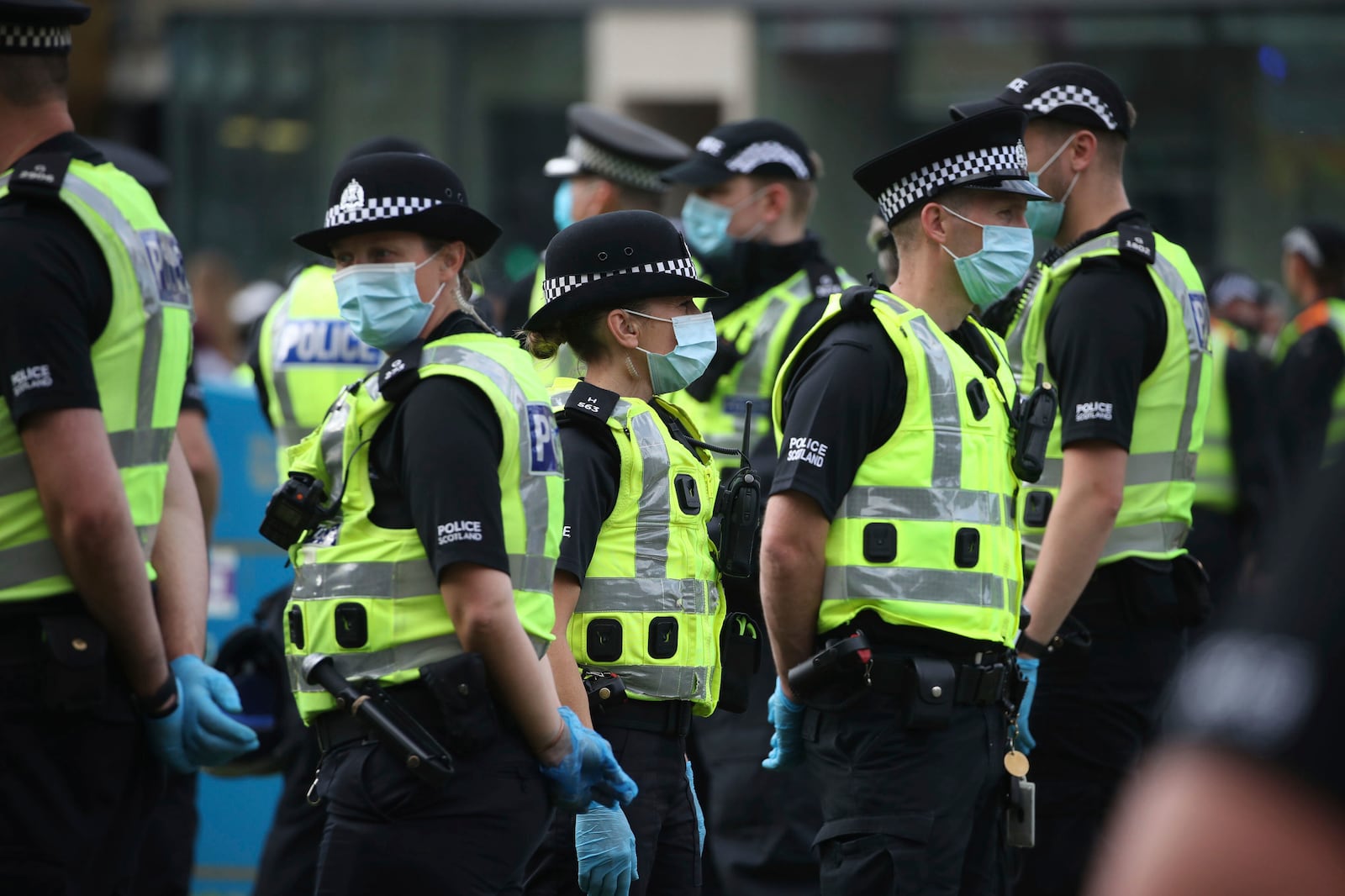 Police in Scotland secure an area during a protest in 2020.