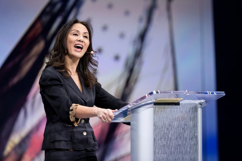 Amy Chua speaks during a forum assembly in the Marriott Center at Brigham Young University on Tuesday, March 29, 2022.