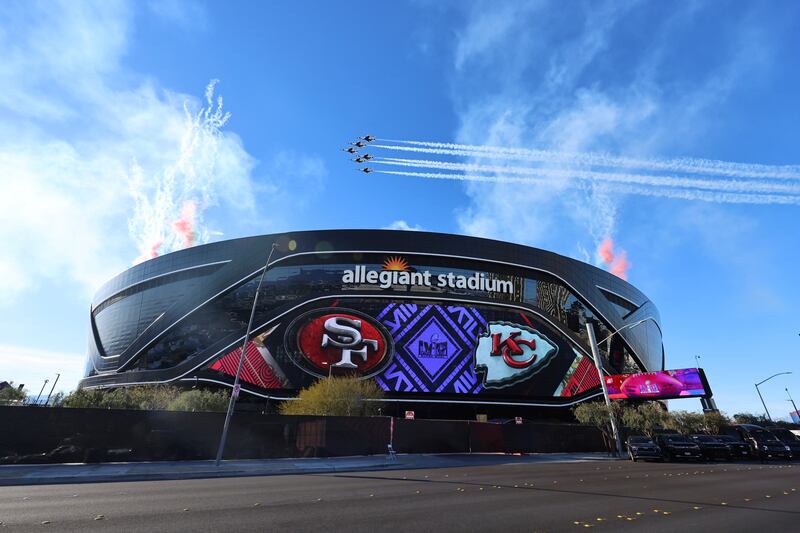 Planes fly over Allegiant Stadium before the Super Bowl on Sunday, Feb. 11, 2024, in Las Vegas.