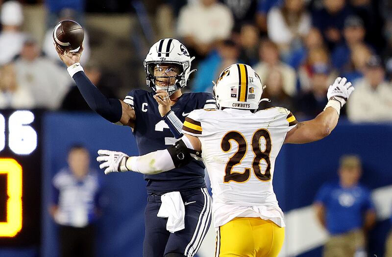 BYU quarterback Jaren Hall passes during game against Wyoming at LaVell Edwards Stadium in Provo, Sept. 24, 2022.