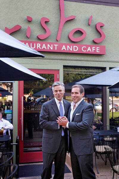 FILE - Jon Huntsman thanks Aristo's owner Aristides Boutsikakis as he leaves a fundraiser Aristo's restaurant on 224 South 1300 East Tuesday, Aug. 16, 2011, in Salt Lake City, Utah. Aristo's Greek Restaurant was featured in "International Family Style" fr